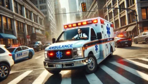 DALL·E 2025 01 20 15.08.02 A realistic 3D illustration of an ambulance navigating through a busy city street designed for an adult audience. The scene includes a professional d Conteúdos para Motoristas